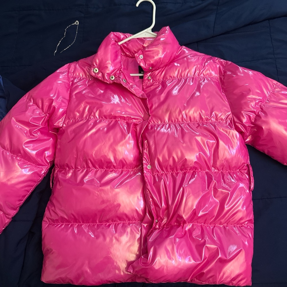 Vibrant Pink Glossy Puffer Jacket with High Collar